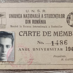 Carte de membru Uniunea Nationala a Studentilor din Romania 1947