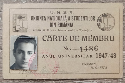 Carte de membru Uniunea Nationala a Studentilor din Romania 1947 foto