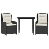 Set mobilier de gradina cu perne, 3 piese, negru, poliratan