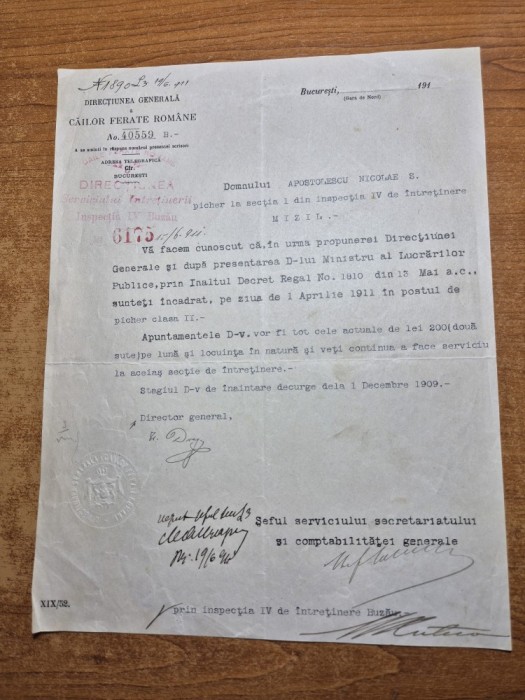 document in limba romana din anul 1911 - directiunea generala a cailor ferate romane - CFR