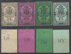 Anii 1880-1890 Romania 4 timbre fiscale Efecte Straine cu perfins M.F. = finante foto