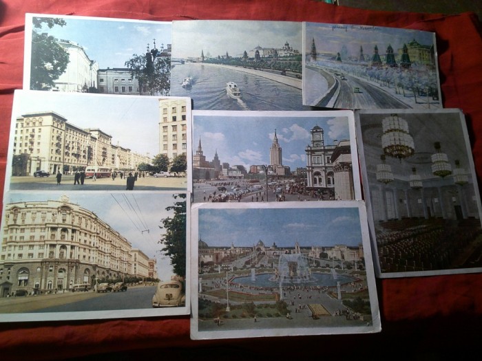 11 Ilustrate URSS - MOSCOVA anii 1950 , 4 sunt circulate , una este decupata