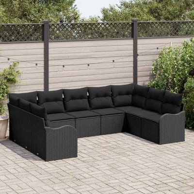 vidaXL Set de canapele pentru grădină cu pernă 9 pcs Negru Rattan poli 3354532 foto