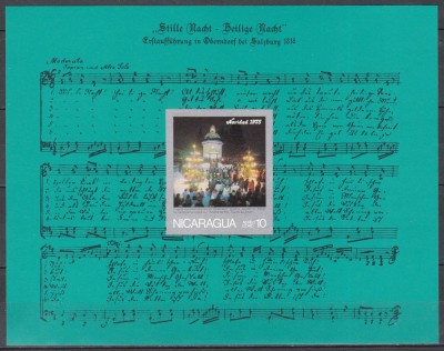 Nicaragua 1975 - Crăciun - &amp;bdquo;Noapte liniștită - Noapte liniștitoare&amp;rdquo; Spectacolul din Oberndorf, 1818, Colita NDT, MNH foto