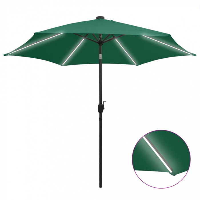 vidaXL Umbrelă de soare, LED-uri și st&acirc;lp aluminiu, verde, 300 cm