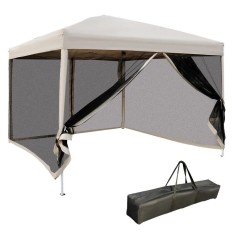 Pavilion/foisor pentru gradina/terasa, cadru metalic, material Oxford, cu plasa pentru insecte, geanta, crem, 2.97x2.97x2.55 m