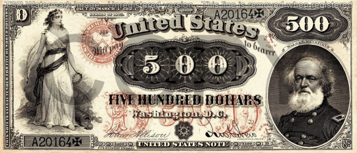500 dolari 1875 Reproducere Bancnota USD , Dimensiune reala 1:1