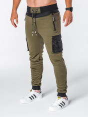 Pantaloni barbati verde slim buzunare laterale cu siret si banda P645 foto