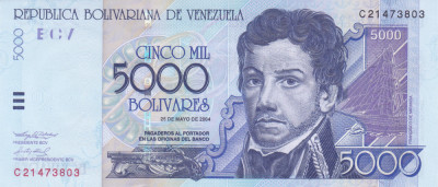 Bancnota Venezuela 5.000 Bolivares 2004 - P84c UNC foto