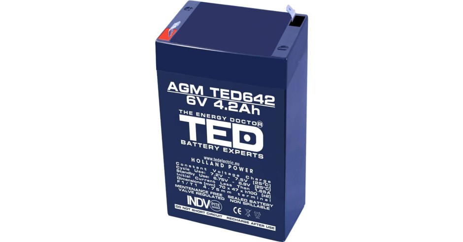 Acumulator AGM VRLA 6V 4.2Ah plumb acid 70x47x100 mm F1 terminal TED ...