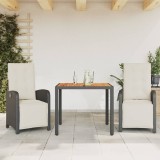 Set Bistro 3 Piese vidaXL, Negru, Poliratan, Perne Incluse, Scaune Rabatabile, Masa 90x90cm, Gradina/Balcon, Huse Lavabile