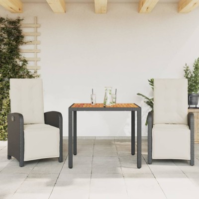 vidaXL Set bistro cu perne, 3 piese, negru, poliratan foto