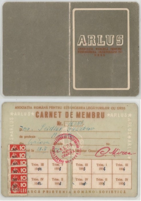 Romania, ARLUS, Carnet de membru, Craiova, 1952