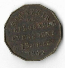 Jeton/Medalie Souvenir deplorable 13 juillet 1842 - Franta, cotatii bune! foto