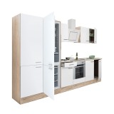 Mobilă de bucătărie Yorki 330, corp din stejar sonoma, față alb satinat cu element cuptor inferior, dulap cu rafturi și frigider congelator inferior.