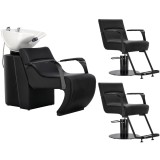 Set Nina negru: spălătorie frizerie + 2 fotolii hidraulice rotative, spălător mobil, bol ceramic, baterie, robinet și duză