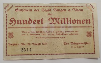 Germania - 100 Millionen Mark 1923 - Binegn a. Rein - Inflatie foto