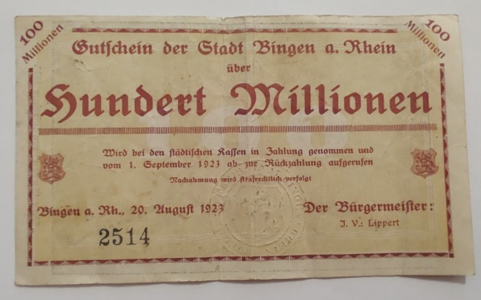 Germania - 100 Millionen Mark 1923 - Binegn a. Rein - Inflatie