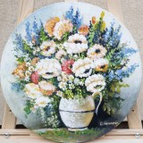 Tablou rotund vaza cu flori pictat manual, Puritate, 40cm diametru, ulei pe panza, Constantin Feraru