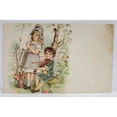 ALEGORIE DE PRIMAVARA , CU DOI COPII CANTAND IN GRADINA , CROMOLITOGRAFIE , CARTE POSTALA , CLASICA