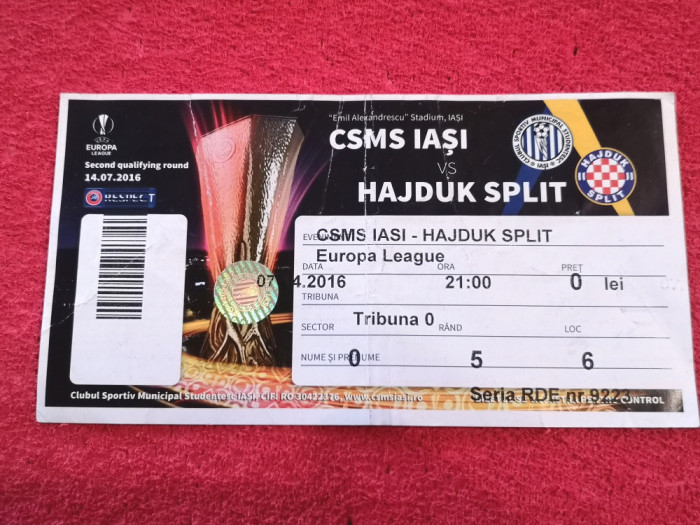Bilet meci fotbal CSMS IASI - HAJDUK SPLIT (Europa League 14.07.2016)