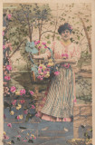 1908 CP ilustrata colorata manual, tema flori, Slatina - Craiova, Spic de grau, Circulata, Printata
