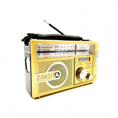 Radio FM X-bass, 3 benzi, difuzor, 230 V, Bluetooth, acumulator reincarcabil, lanterna incorporata, antena, USB, MP3 player, Galben