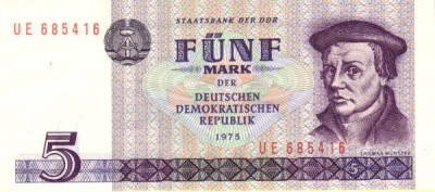 Germania Democrata 5 Mark 1975 - V19, P-27 UNC !!! foto