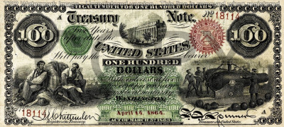 100 dolari 1864 Reproducere Bancnota USD , Dimensiune reala 1:1 foto