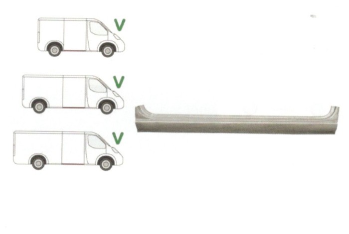Prag MERCEDES SPRINTER 01.1995-2006, VW LT II 05.1996-12.2005, partea dreapta, metal 1, 0 mm; sub usa culisanta; lungime 1200 mm,