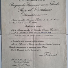 DECRET BREVET Ferdinand I Steaua Romaniei in gradul de Cavaler 1924