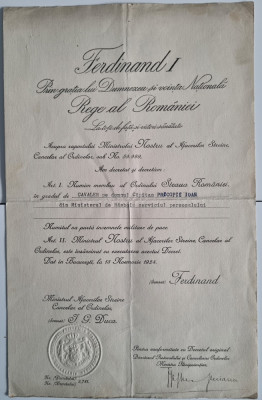 DECRET BREVET Ferdinand I Steaua Romaniei in gradul de Cavaler 1924 foto