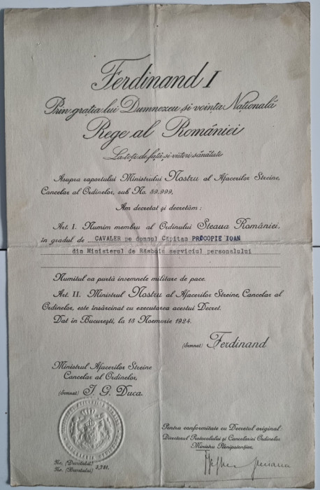 DECRET BREVET Ferdinand I Steaua Romaniei in gradul de Cavaler 1924