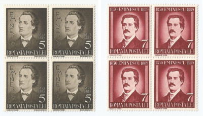 |Romania, LP 130/1939, 50 ani de la moartea lui M. Eminescu, blocuri de 4, MNH foto