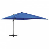 VidaXL Umbrelă suspendată cu st&acirc;lp și LED-uri, albastru azuriu, 300 cm