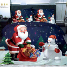 Lenjerie de pat matrimonial cu 4 huse de perna cu mix dimensiuni, Happy Santa, bumbac mercerizat, multicolor
