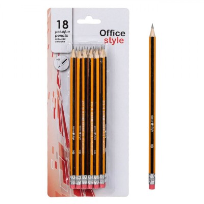 Creioane HB Office Style, Cu Radieră, Set 18 Bucăți, Culoare Galben Negru foto