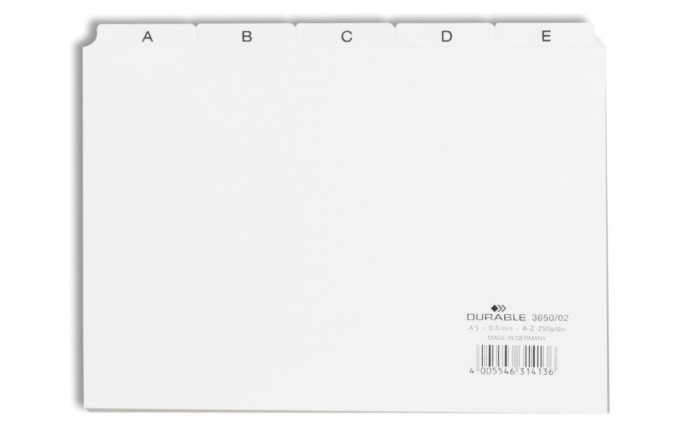 Set 25 separatoare A5, file imprimate A-Z, Alb, fabricat din PVC - NOU