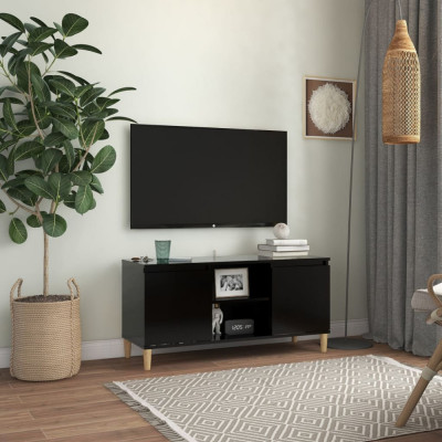 vidaXL Comodă TV, picioare lemn masiv, negru, 103,5x35x50 cm foto