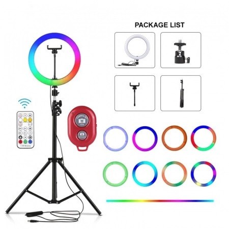 Lampa circulara RGB LED Ring Light,diametru 26 cm + trepied 200 cm + accesorii