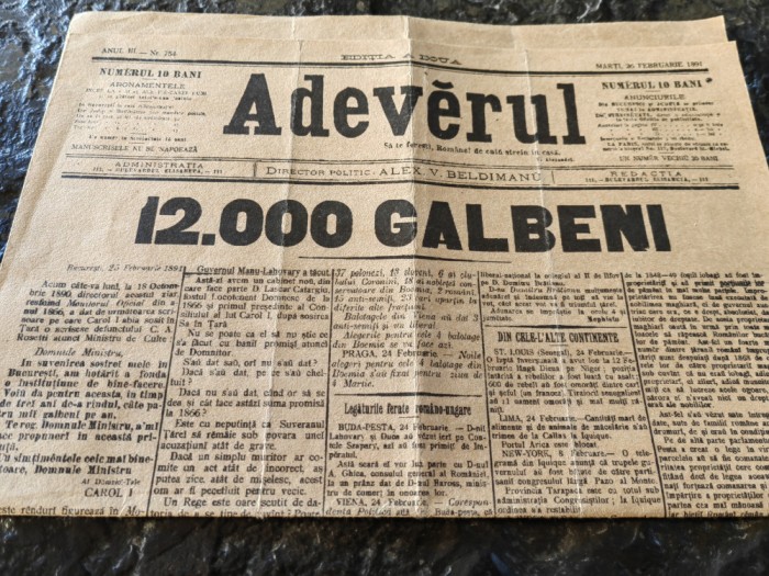 Ziarul Adevarul, marti 26 febr 1891, dir Alex. Beldimanu, 4 pag, stare deosebita