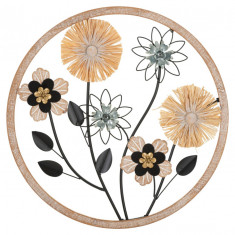 Decoratiune de perete Flowery, Mauro Ferretti, Ø50 cm, fier/MDF/rafie, maro/negru