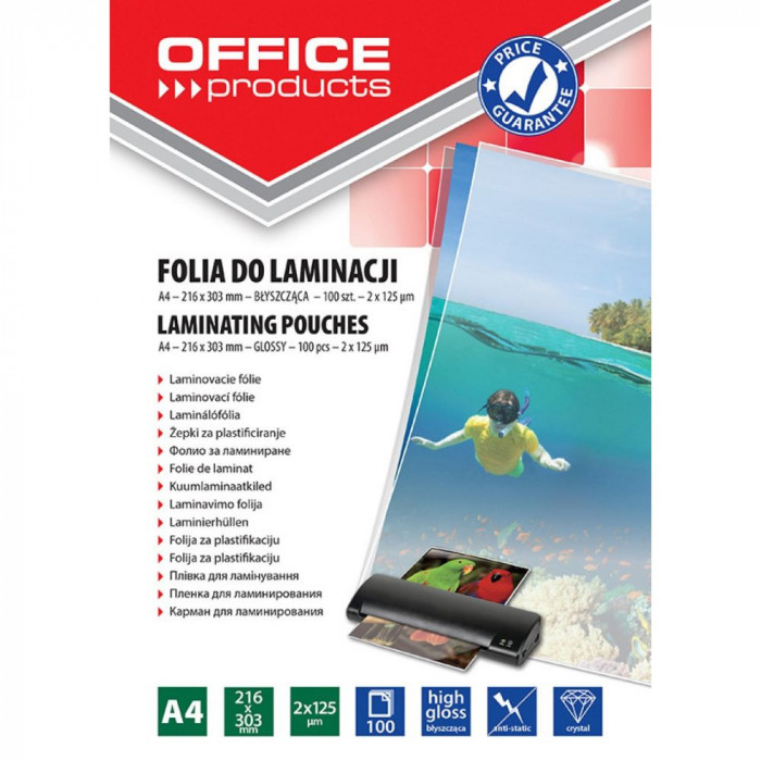 Folie Laminare A4, 216x303 mm, 100 Buc/Top, 125 Microni, Folii OFFICE Products, Accesorii Birou