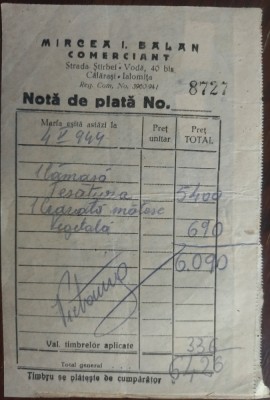 BILET / NOTA DE PLATA TIMBRATA: 4 mai 1944 (MIRCEA I. BALAN/COMERCIANT/CALARASI) foto