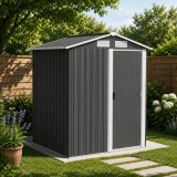 Cumpara ieftin Casuta/magazie/sopron de gradina pentru depozitare unelte, cu structura baza inclusa, otel si PP, gri, 152x132x188 cm