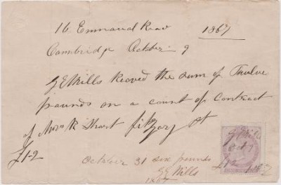 Great Britain 1867 One Penny Revenue Stamp on Money Receipt - heavy folds D.396 foto
