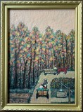 Mircea Popescu Tablou &icirc;n stil Artă Naivă, Peisaj Rustic cu Căruțe pictura ulei 28x38cm
