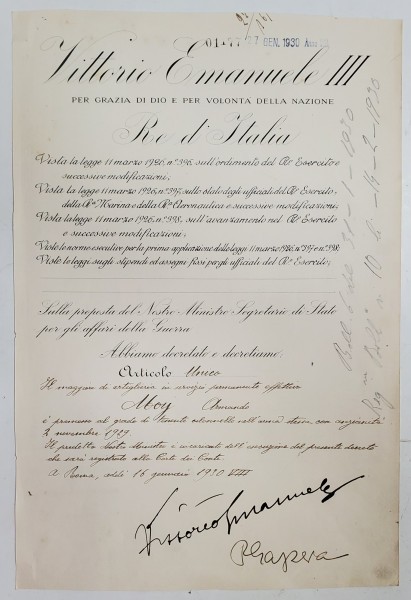 Vittorio Emanuele III Regele Italiei, Brevet semnat olograf, 1930