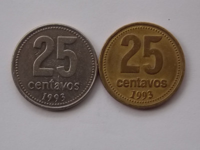 LOT 2 MONEDE DIFERITE -25 CENTAVOS 1993 ARGENTINA foto