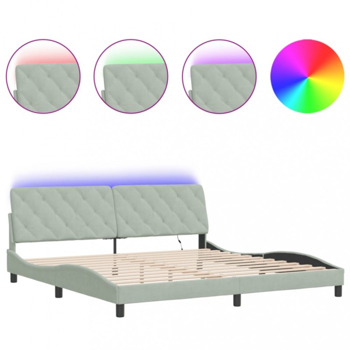 Cadru de pat cu LED fara saltea, gri deschis, 200x200 cm, catifea